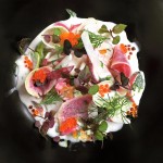 Radish salad with trout roe shiso heirloom tomato and buttermilk yuzu and whte soy dressing